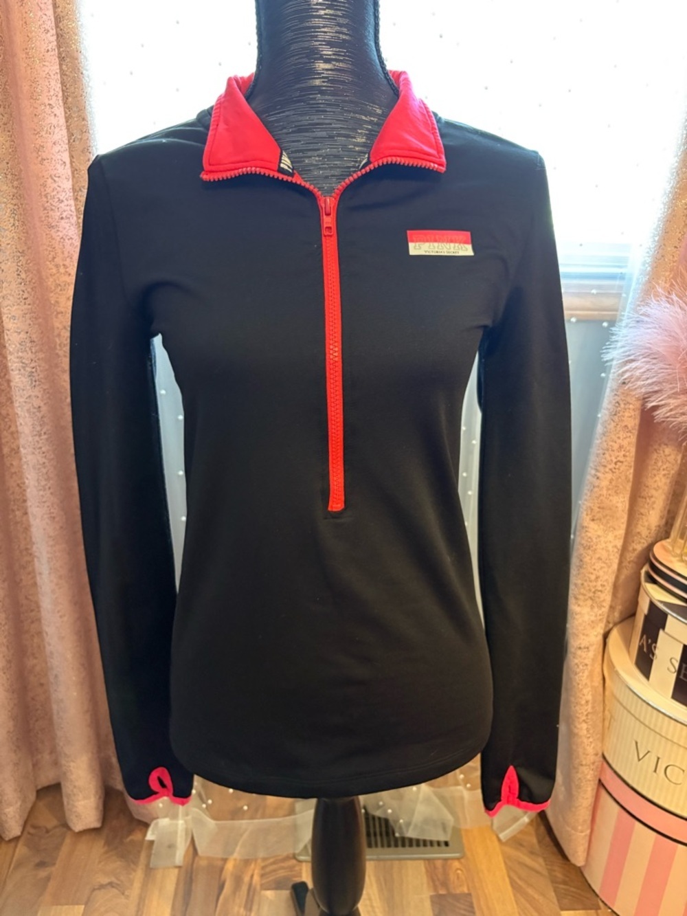 Victoria's Secret Black Pullover with Red Trim Half-Zip and Matching Yoga Pants